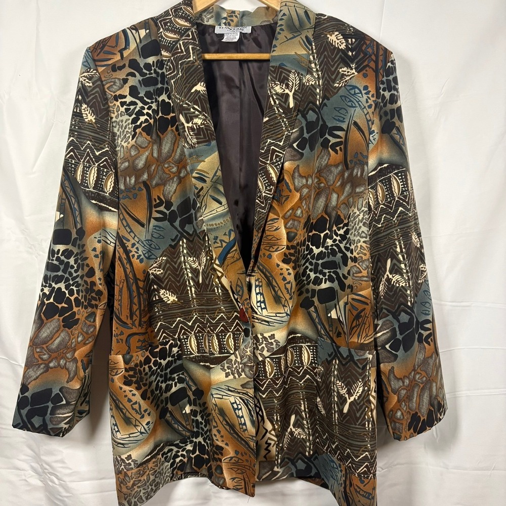 Kensington Square Vintage Animal Tribal Print Blazer Jacket Brown Blue XL USA